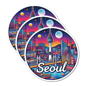商品画像2 3-Pack Asian City Night Skyline Stickers (3 inch / 76.2mm) - Seoul, Singapore, Hong Kong Waterproof Vinyl Decals for Laptop, Luggage, Travel Souvenir Aesthetic - Seoul